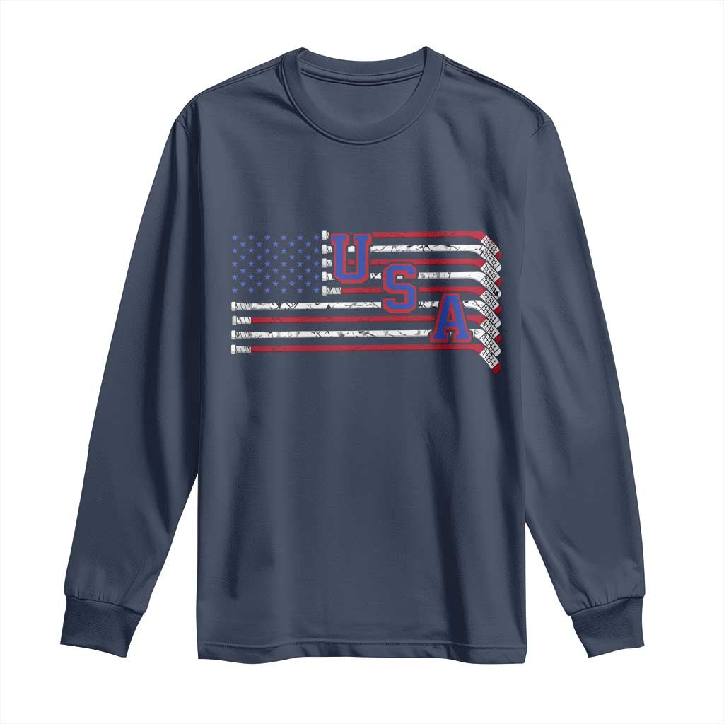 Ice Hockey Sticks American Flag Long Sleeve Shirt Patriotic Hockey Fan