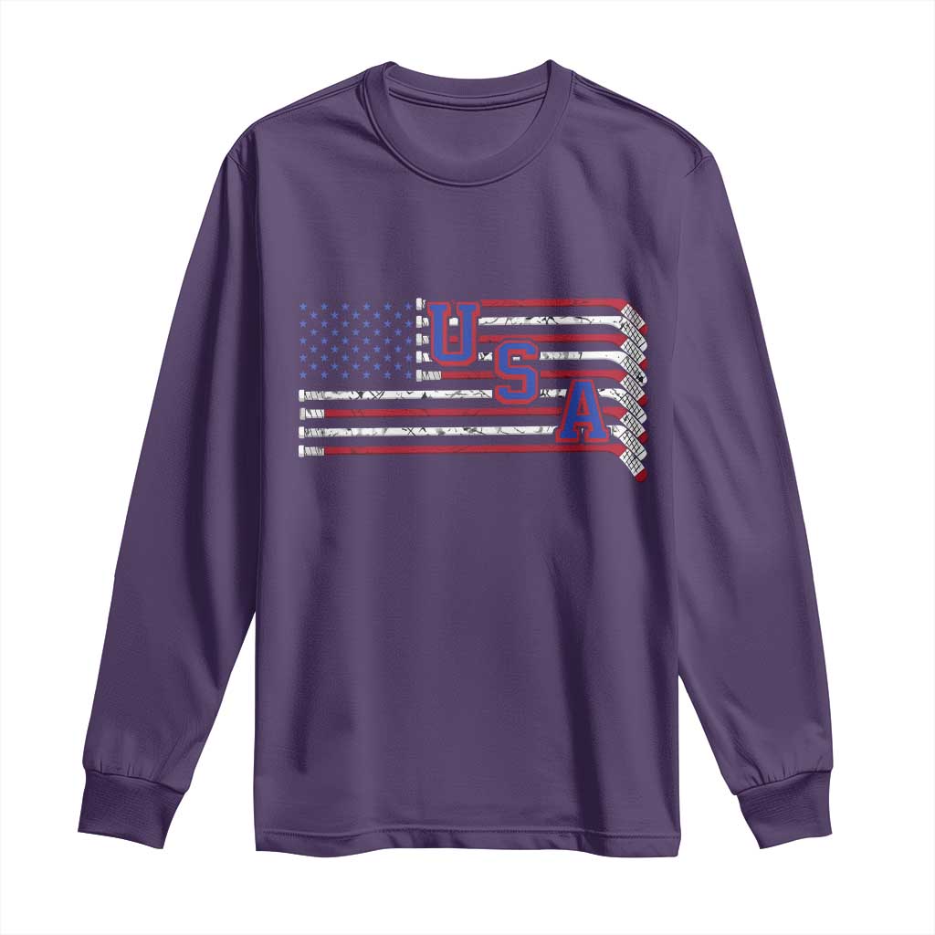 Ice Hockey Sticks American Flag Long Sleeve Shirt Patriotic Hockey Fan