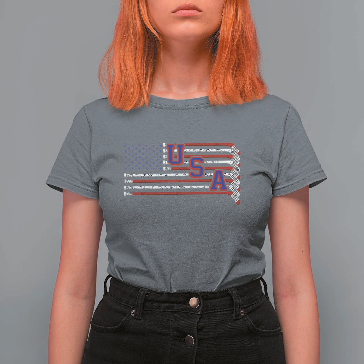 Ice Hockey Sticks American Flag T Shirt For Women Patriotic Hockey Fan