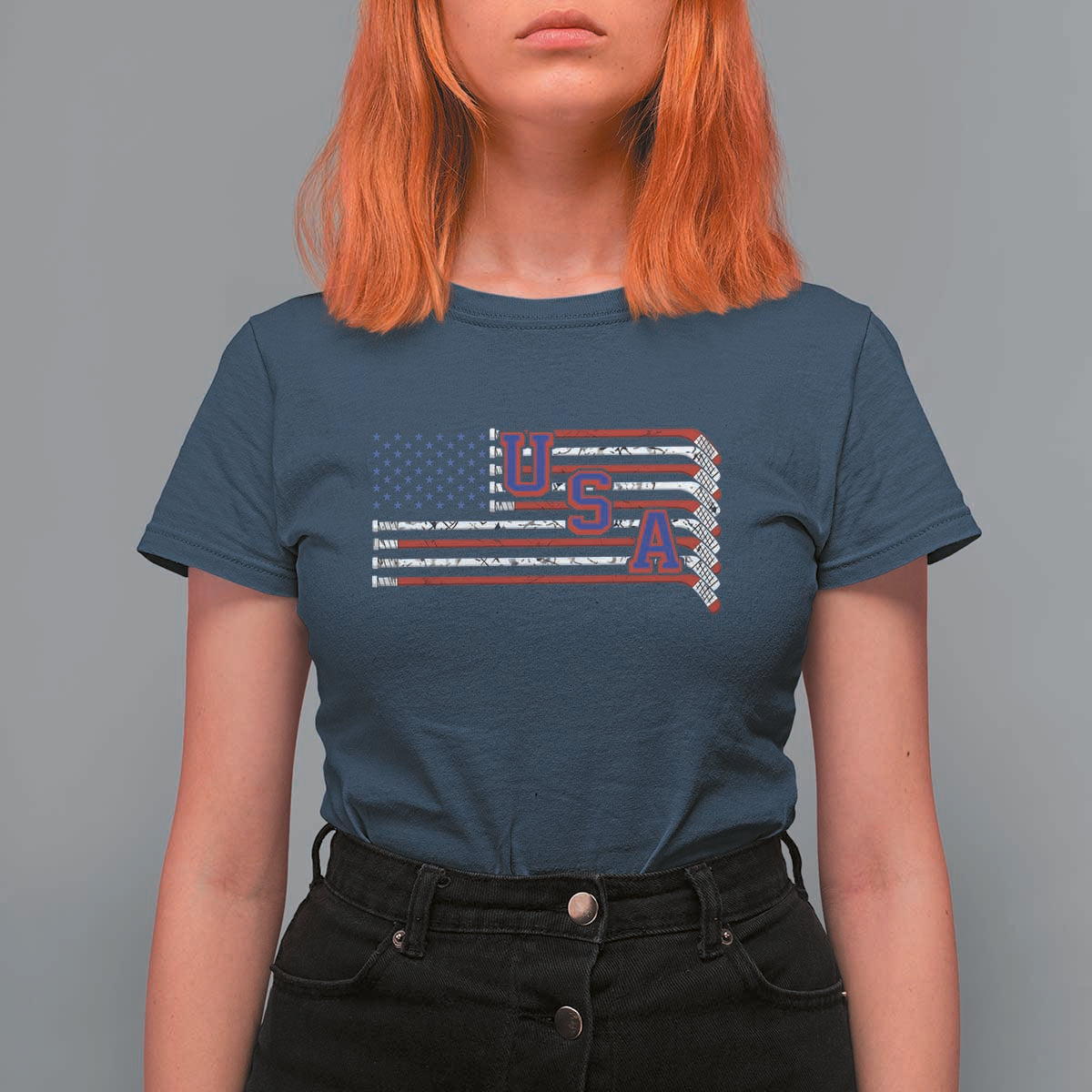 Ice Hockey Sticks American Flag T Shirt For Women Patriotic Hockey Fan