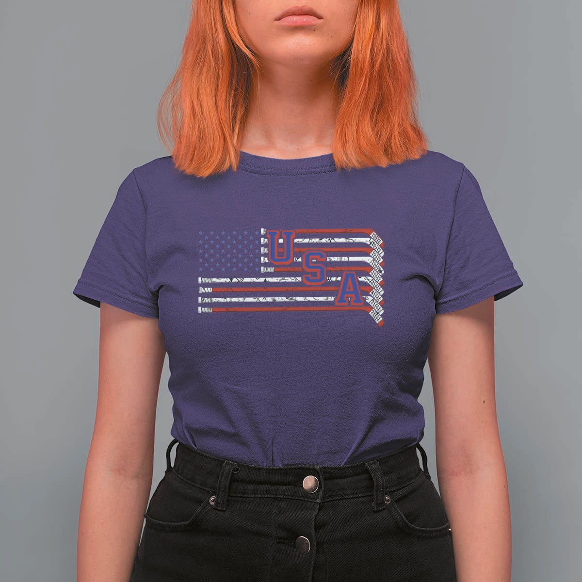 Ice Hockey Sticks American Flag T Shirt For Women Patriotic Hockey Fan