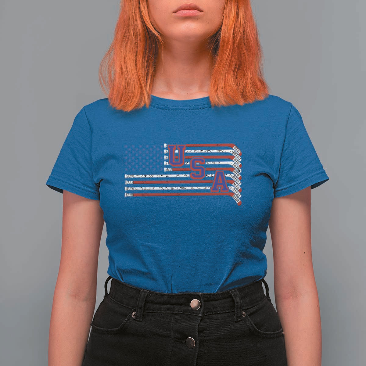 Ice Hockey Sticks American Flag T Shirt For Women Patriotic Hockey Fan