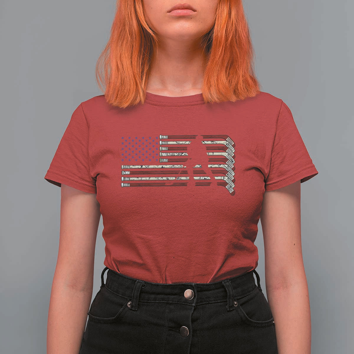 Patriotic Ice Hockey Sticks American Flag T Shirt For Women