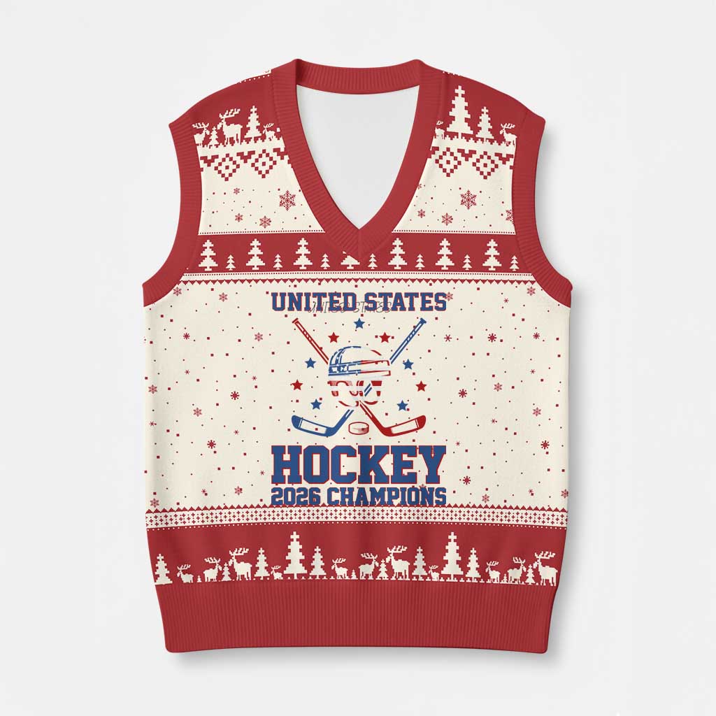 Hockey Champions 2026 V-Neck Knit Sweater Vest Patriotic Ice Hockey Fan