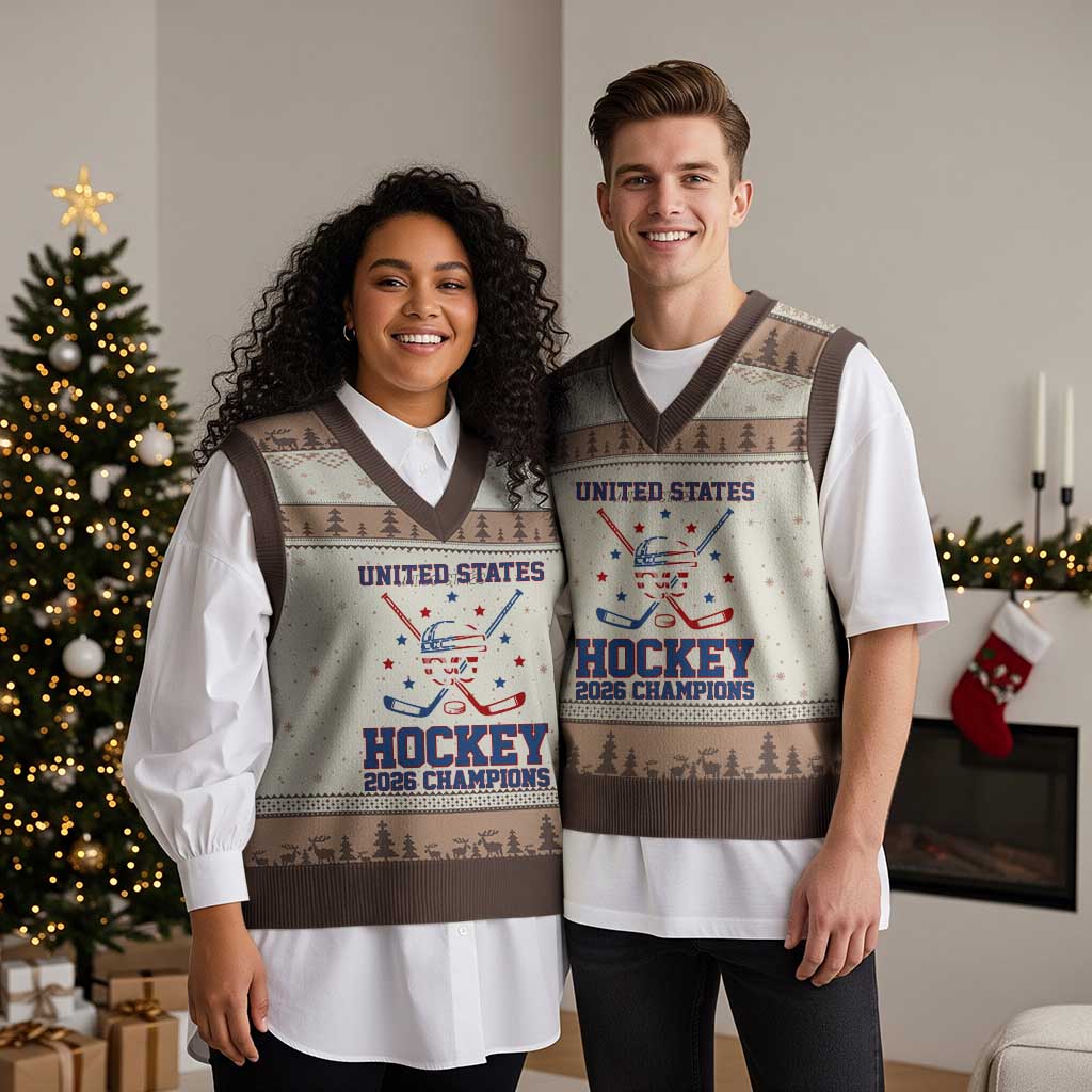 Hockey Champions 2026 V-Neck Knit Sweater Vest Patriotic Ice Hockey Fan