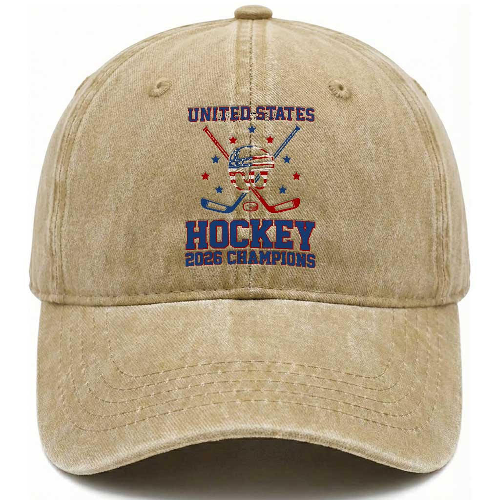 Hockey Champions 2026 Washed Cotton Baseball Cap Patriotic Ice Hockey Fan