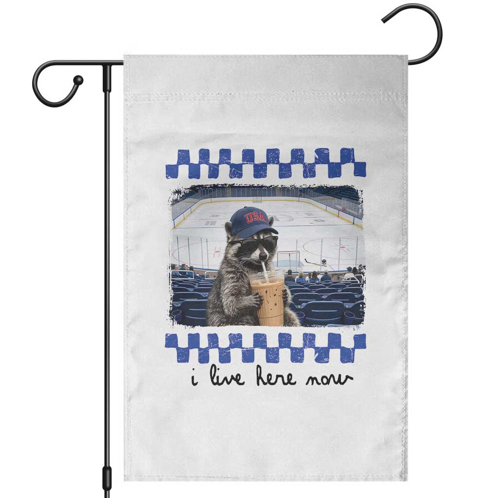 Hockey Mom Raccoon Iced Coffee Garden Flag I Live Here Now