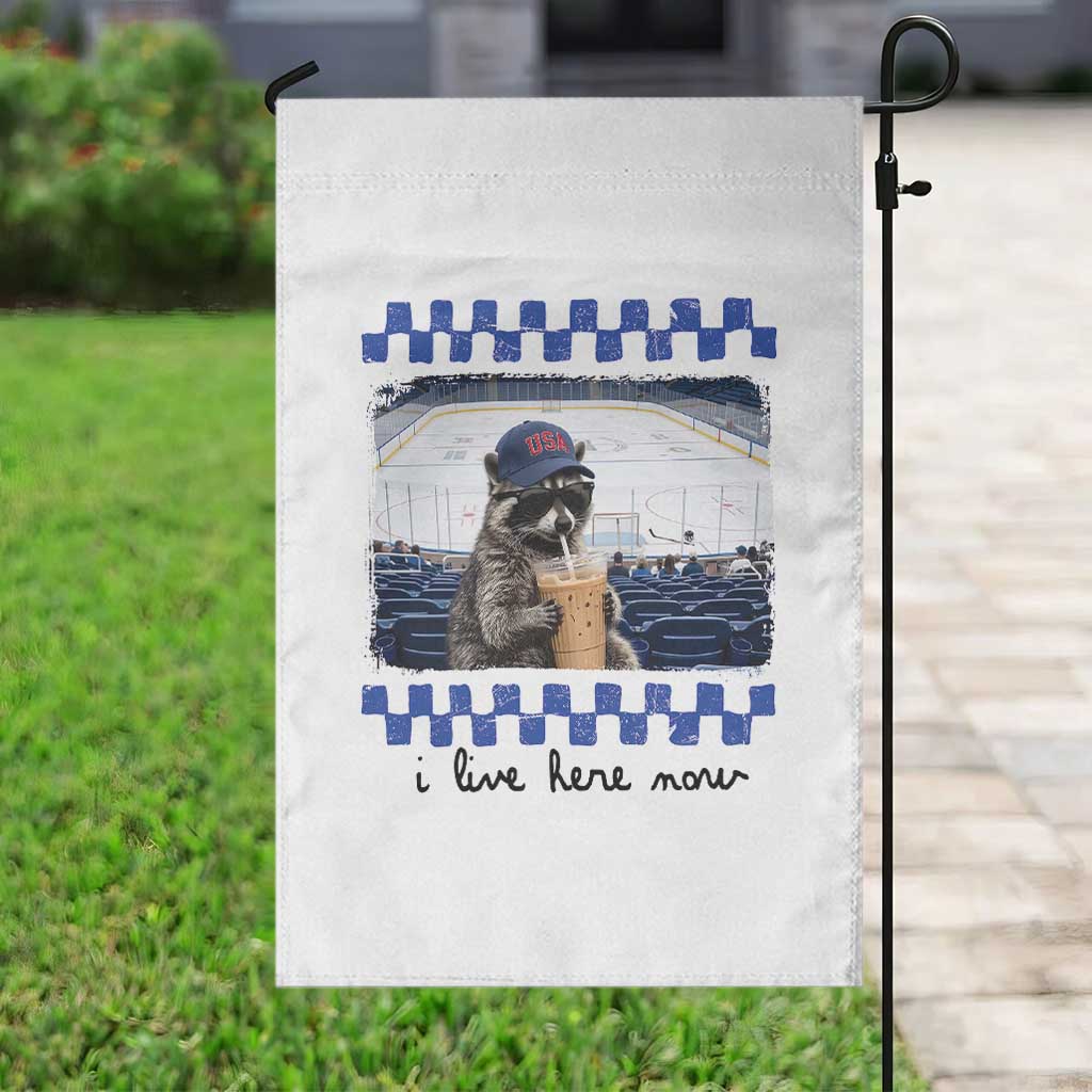 Hockey Mom Raccoon Iced Coffee Garden Flag I Live Here Now
