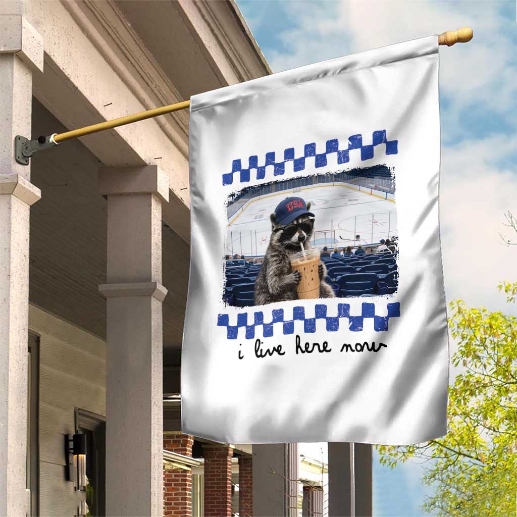 Hockey Mom Raccoon Iced Coffee Garden Flag I Live Here Now