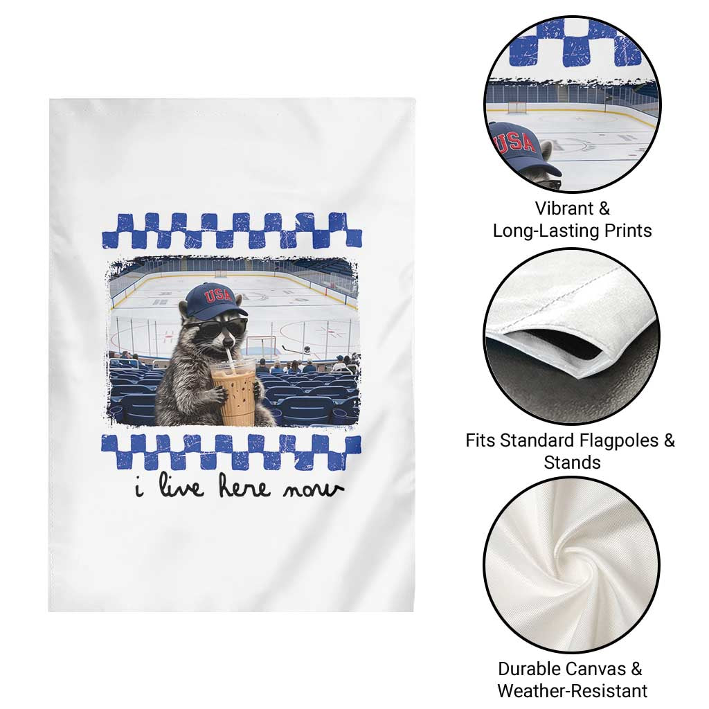 Hockey Mom Raccoon Iced Coffee Garden Flag I Live Here Now