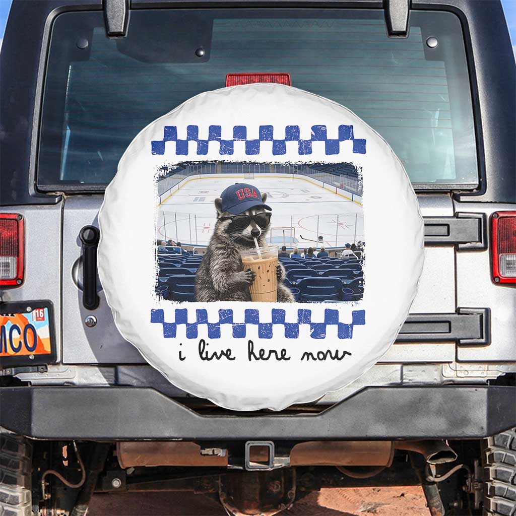 Hockey Mom Raccoon Iced Coffee Spare Tire Cover I Live Here Now