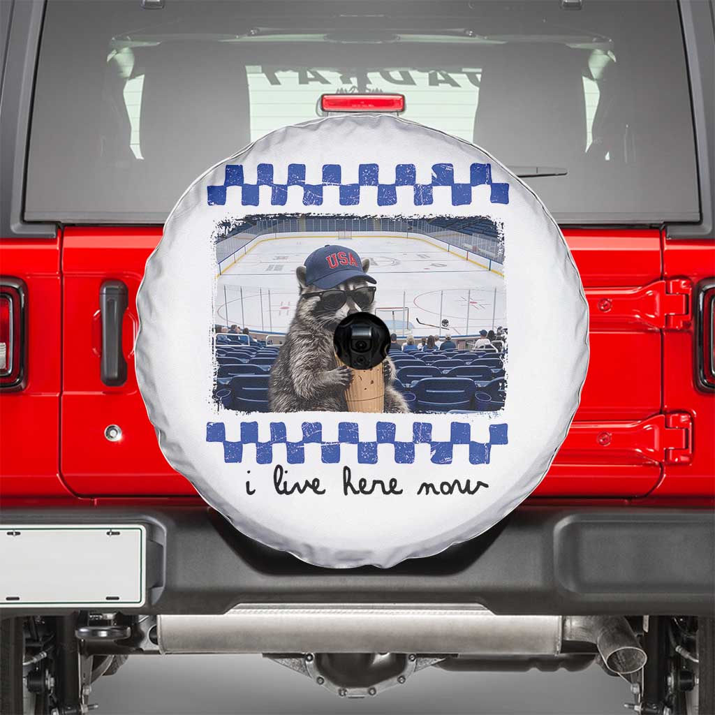 Hockey Mom Raccoon Iced Coffee Spare Tire Cover I Live Here Now