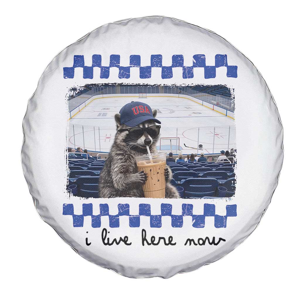 Hockey Mom Raccoon Iced Coffee Spare Tire Cover I Live Here Now