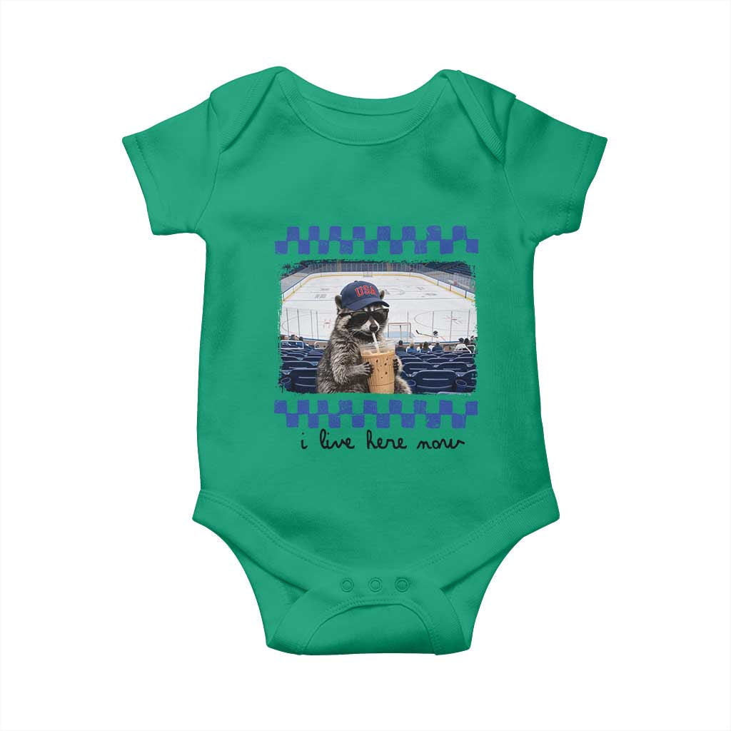 Hockey Mom Raccoon Iced Coffee Baby Onesie I Live Here Now