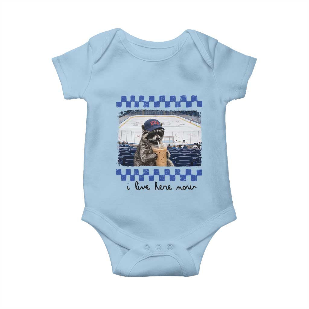 Hockey Mom Raccoon Iced Coffee Baby Onesie I Live Here Now