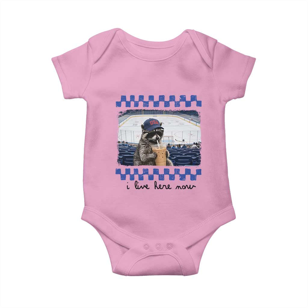 Hockey Mom Raccoon Iced Coffee Baby Onesie I Live Here Now