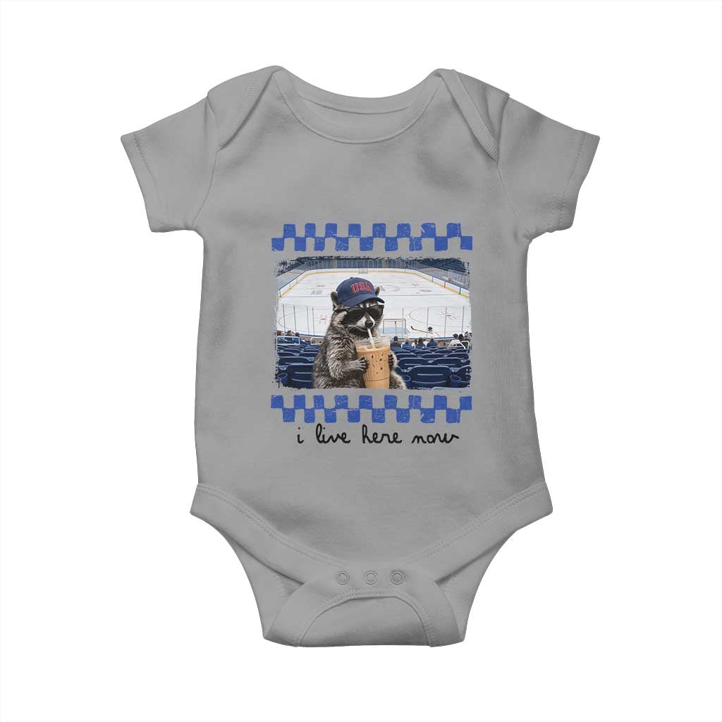 Hockey Mom Raccoon Iced Coffee Baby Onesie I Live Here Now