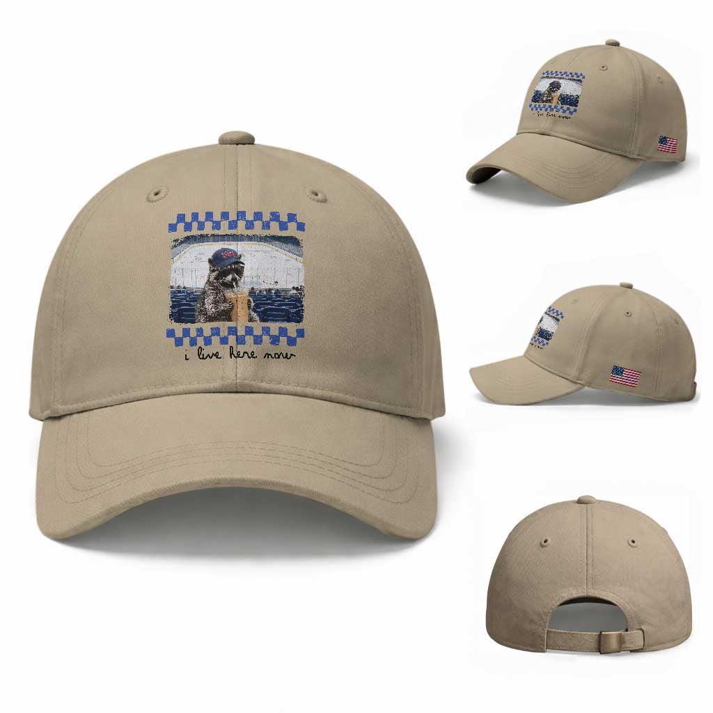 Hockey Mom Raccoon Iced Coffee Baseball Cap I Live Here Now