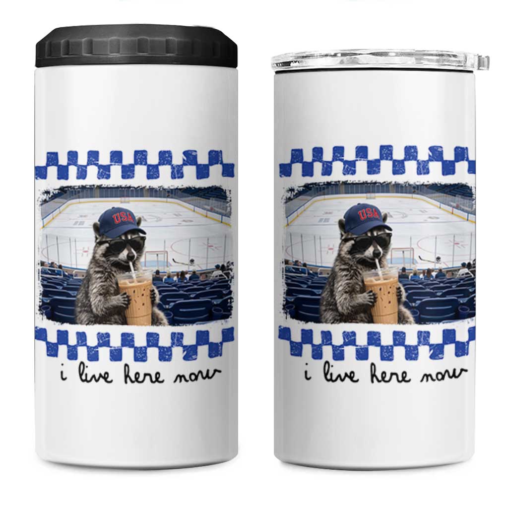 Hockey Mom Raccoon Iced Coffee 4 in 1 Can Cooler Tumbler I Live Here Now