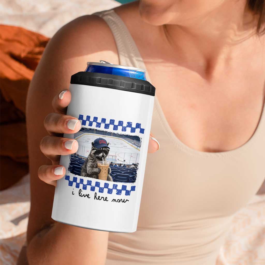 Hockey Mom Raccoon Iced Coffee 4 in 1 Can Cooler Tumbler I Live Here Now
