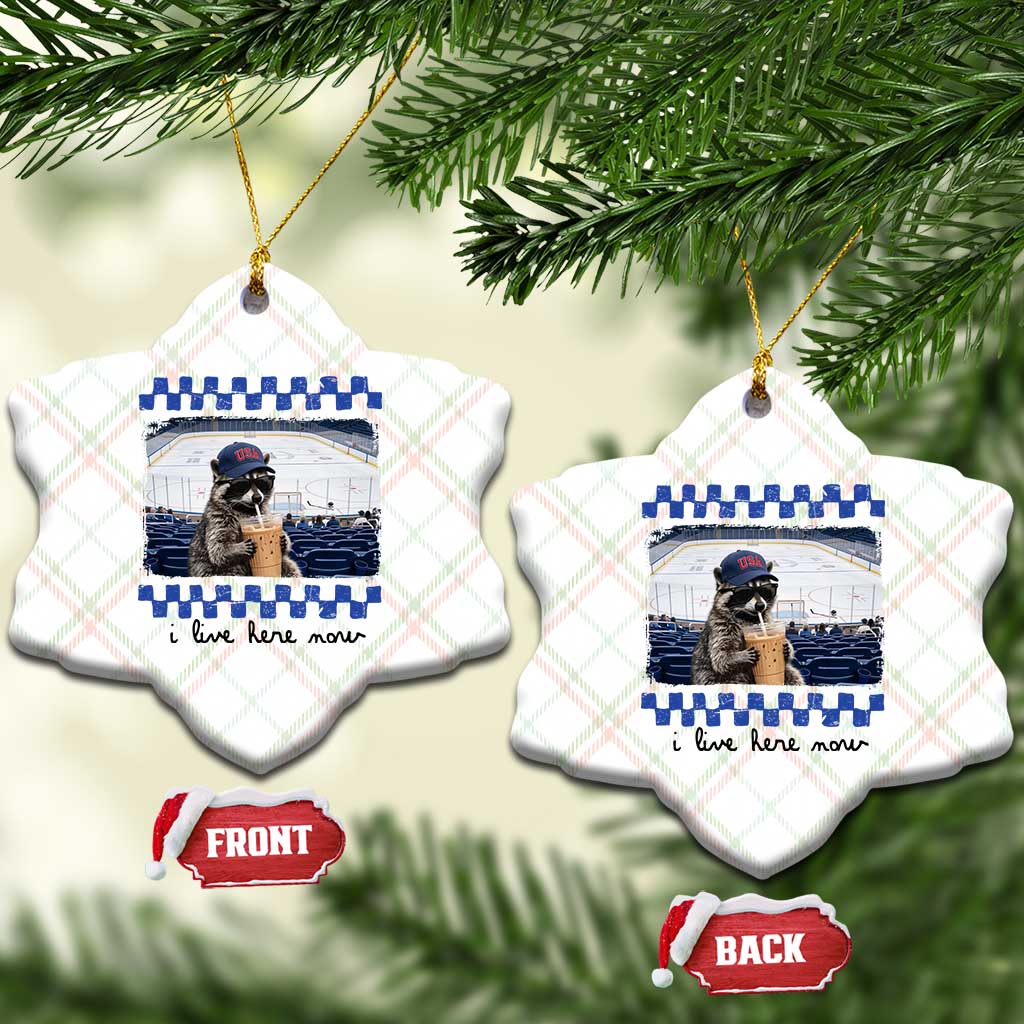 Hockey Mom Raccoon Iced Coffee Ceramic Ornament I Live Here Now