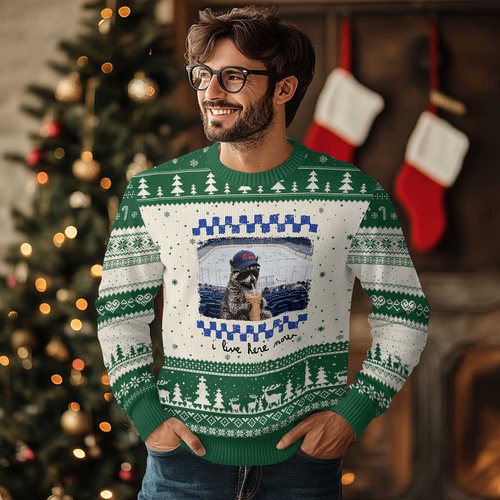 Hockey Mom Raccoon Iced Coffee Ugly Christmas Sweater I Live Here Now
