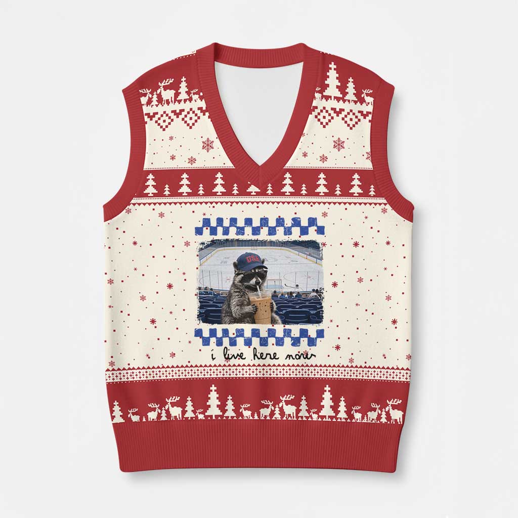 Hockey Mom Raccoon Iced Coffee V-Neck Knit Sweater Vest I Live Here Now