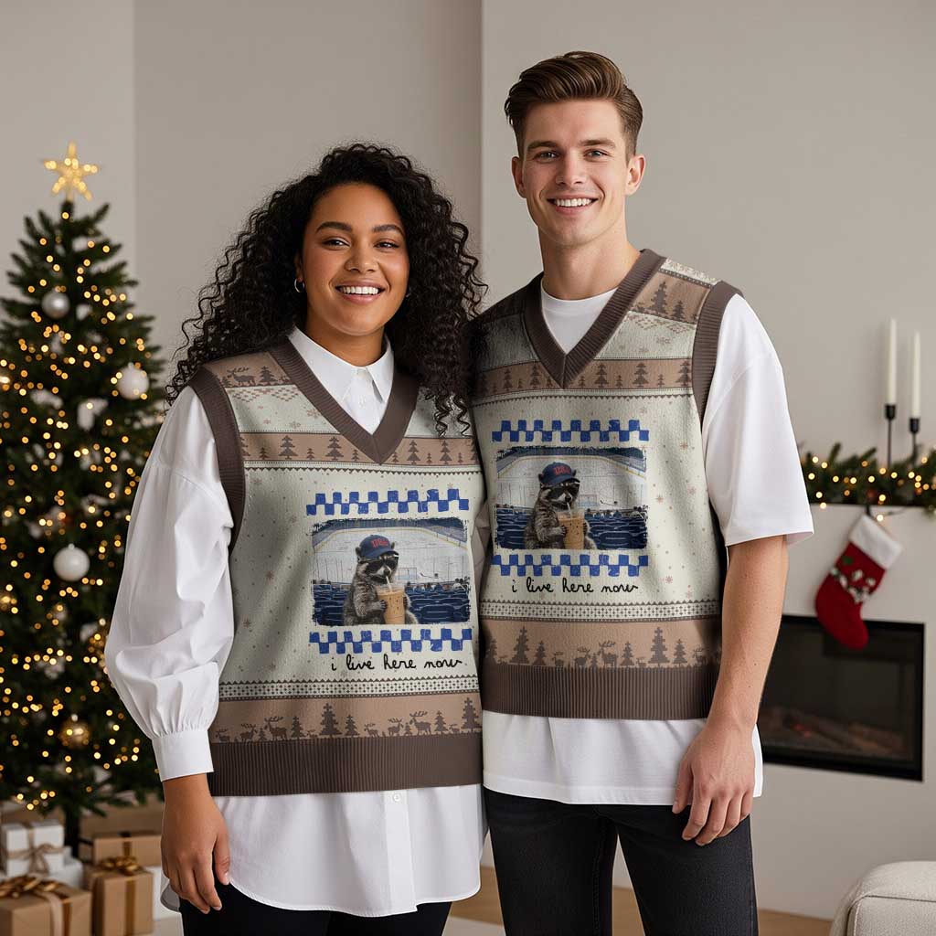 Hockey Mom Raccoon Iced Coffee V-Neck Knit Sweater Vest I Live Here Now