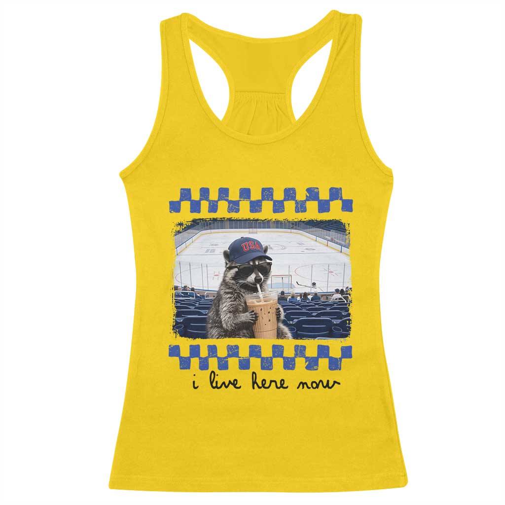 Hockey Mom Raccoon Iced Coffee Racerback Tank Top I Live Here Now