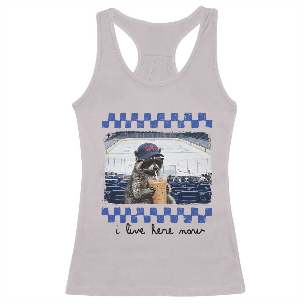 Hockey Mom Raccoon Iced Coffee Racerback Tank Top I Live Here Now