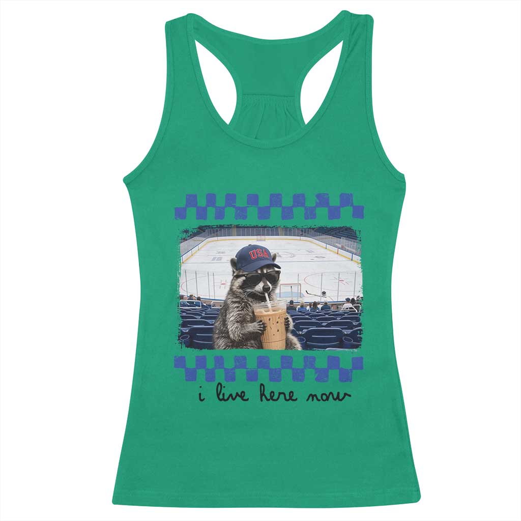 Hockey Mom Raccoon Iced Coffee Racerback Tank Top I Live Here Now