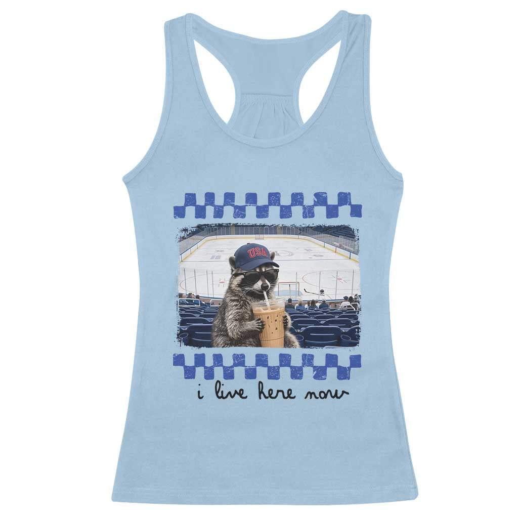 Hockey Mom Raccoon Iced Coffee Racerback Tank Top I Live Here Now