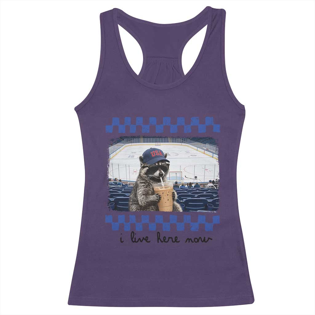 Hockey Mom Raccoon Iced Coffee Racerback Tank Top I Live Here Now