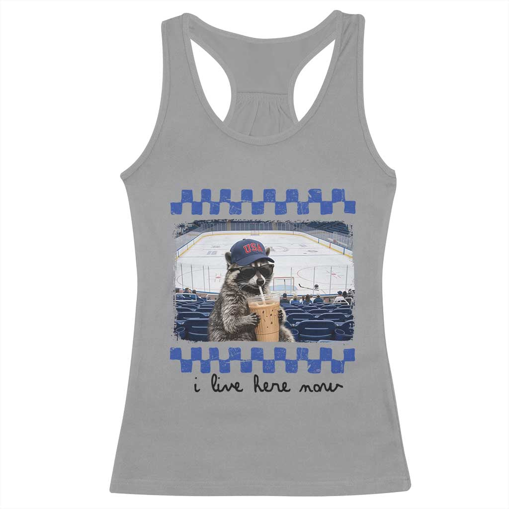 Hockey Mom Raccoon Iced Coffee Racerback Tank Top I Live Here Now