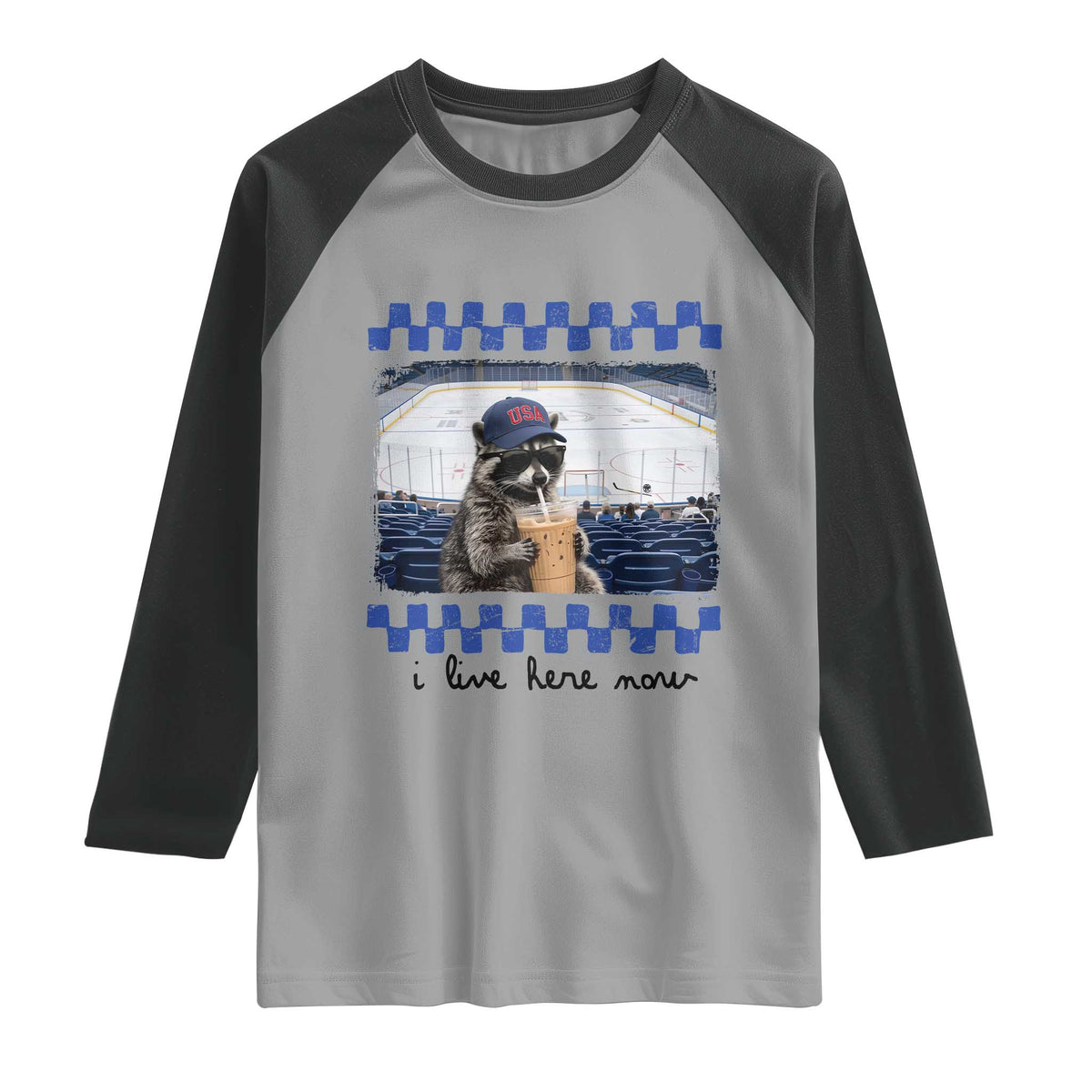 Hockey Mom Raccoon Iced Coffee Raglan Shirt I Live Here Now