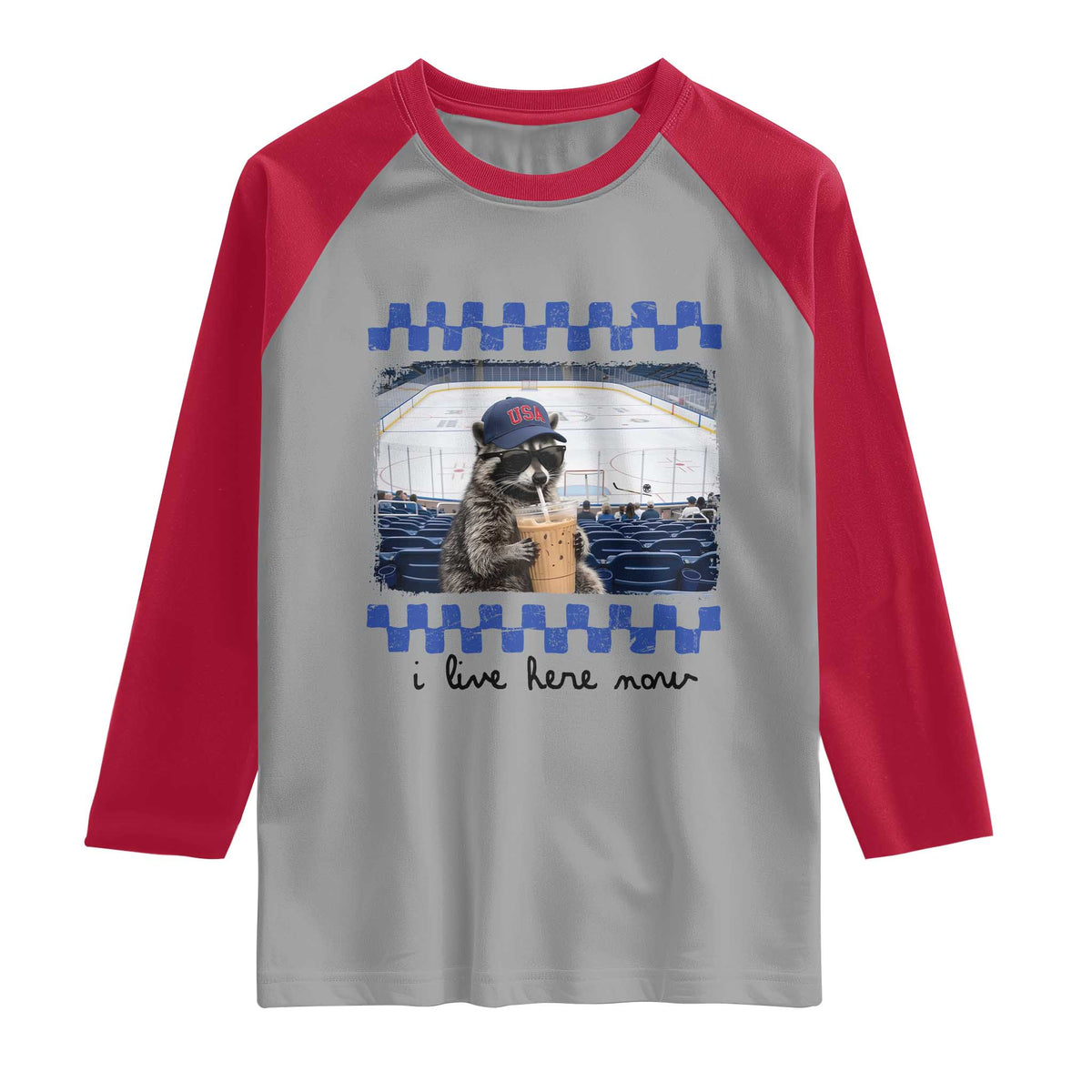Hockey Mom Raccoon Iced Coffee Raglan Shirt I Live Here Now