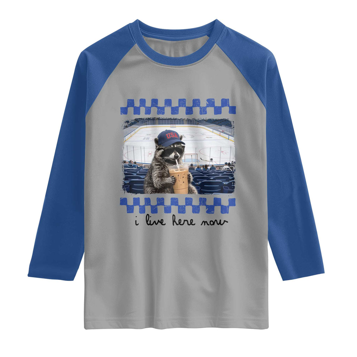 Hockey Mom Raccoon Iced Coffee Raglan Shirt I Live Here Now