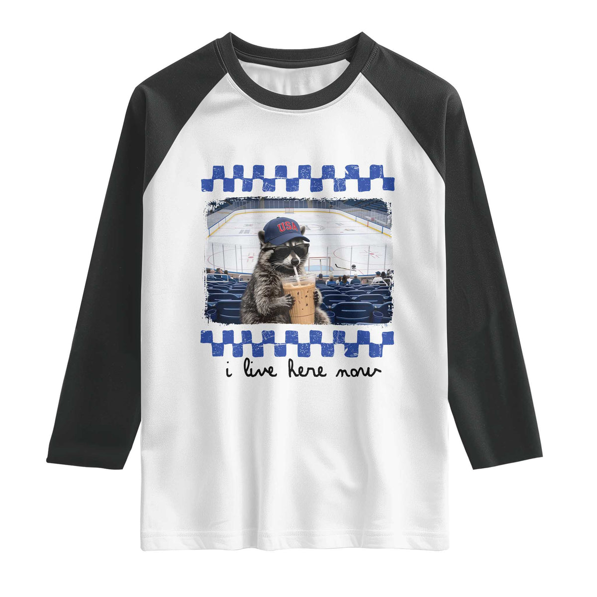 Hockey Mom Raccoon Iced Coffee Raglan Shirt I Live Here Now
