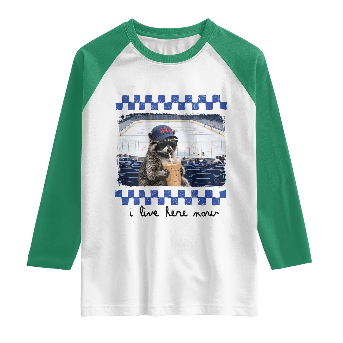 Hockey Mom Raccoon Iced Coffee Raglan Shirt I Live Here Now