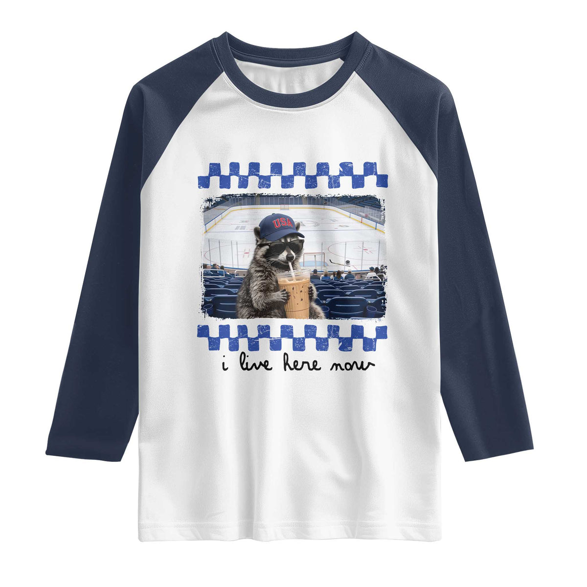 Hockey Mom Raccoon Iced Coffee Raglan Shirt I Live Here Now