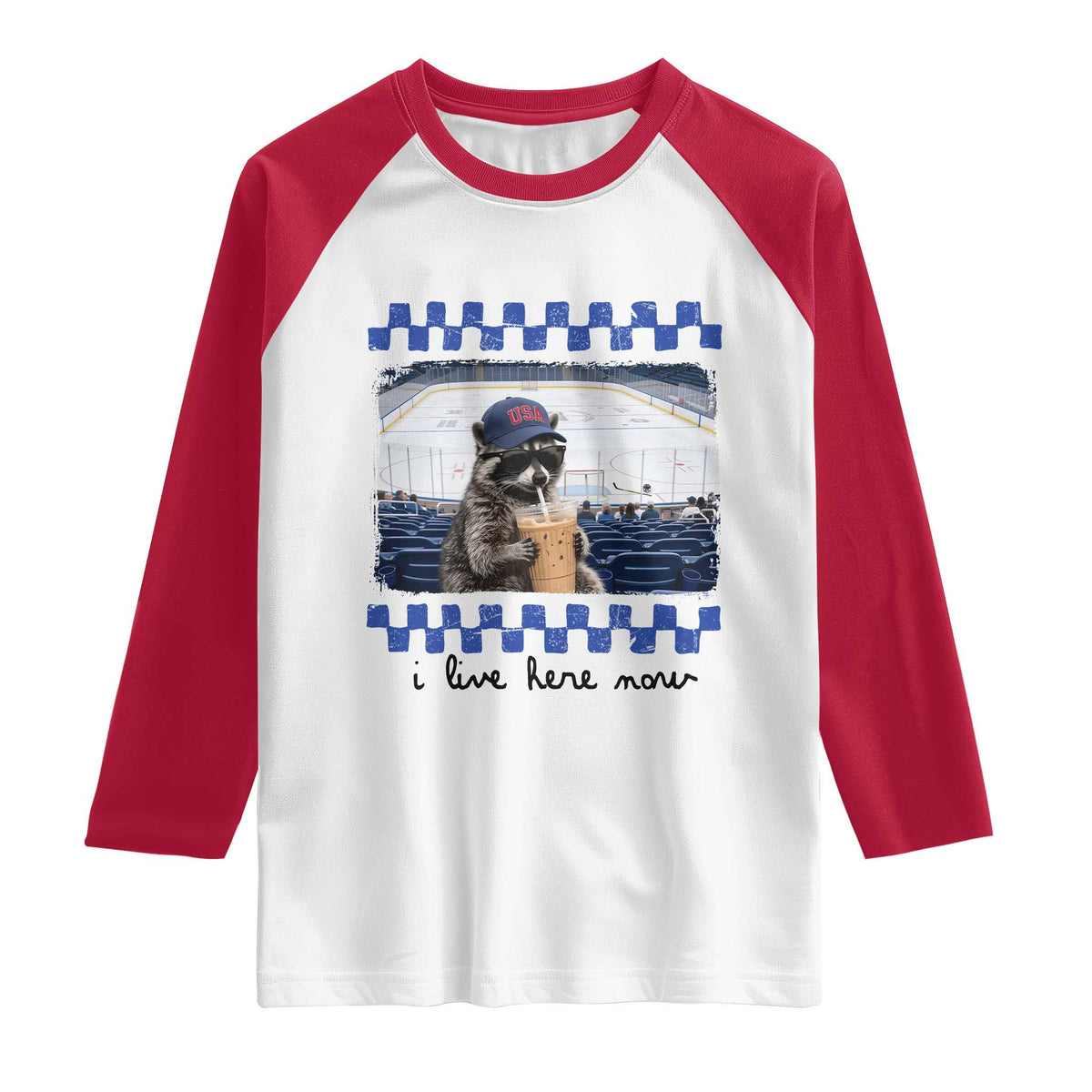 Hockey Mom Raccoon Iced Coffee Raglan Shirt I Live Here Now