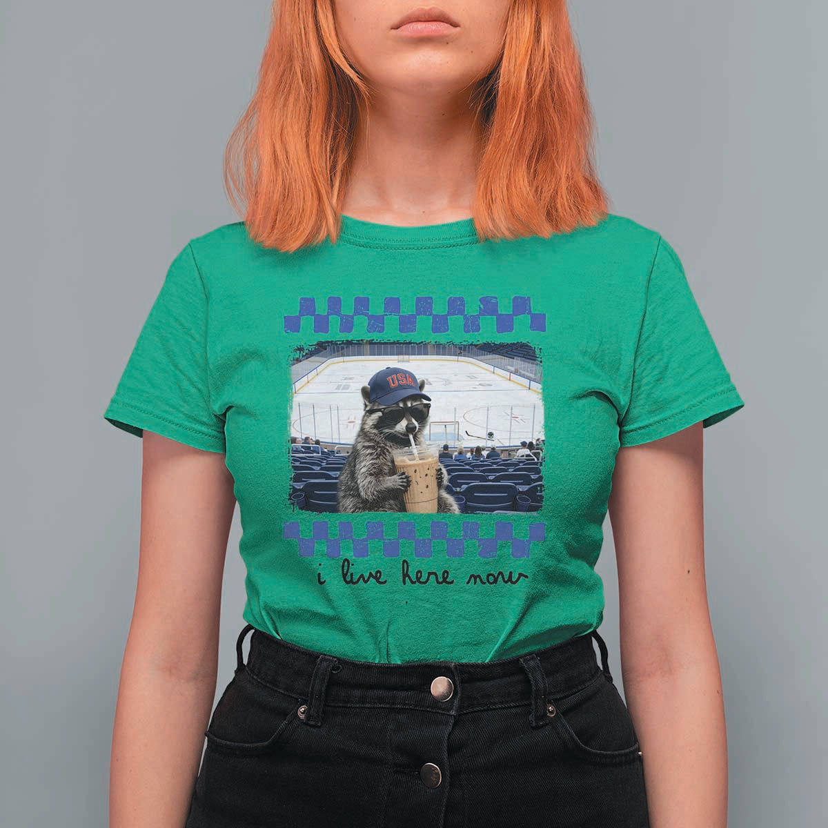Hockey Mom Raccoon Iced Coffee T Shirt For Women I Live Here Now