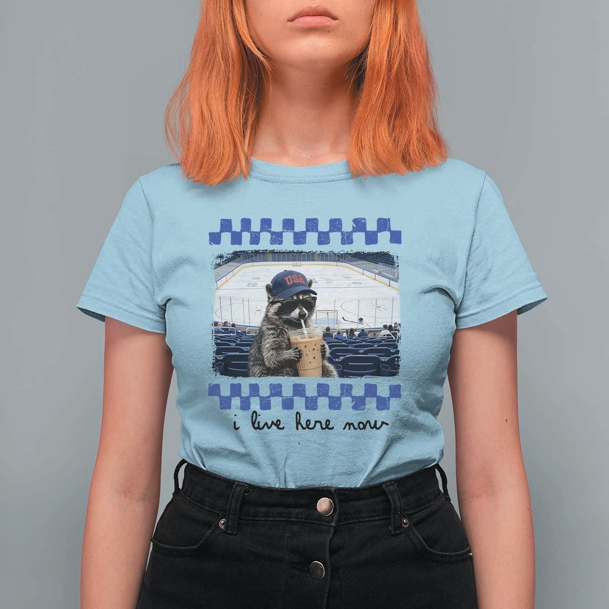 Hockey Mom Raccoon Iced Coffee T Shirt For Women I Live Here Now