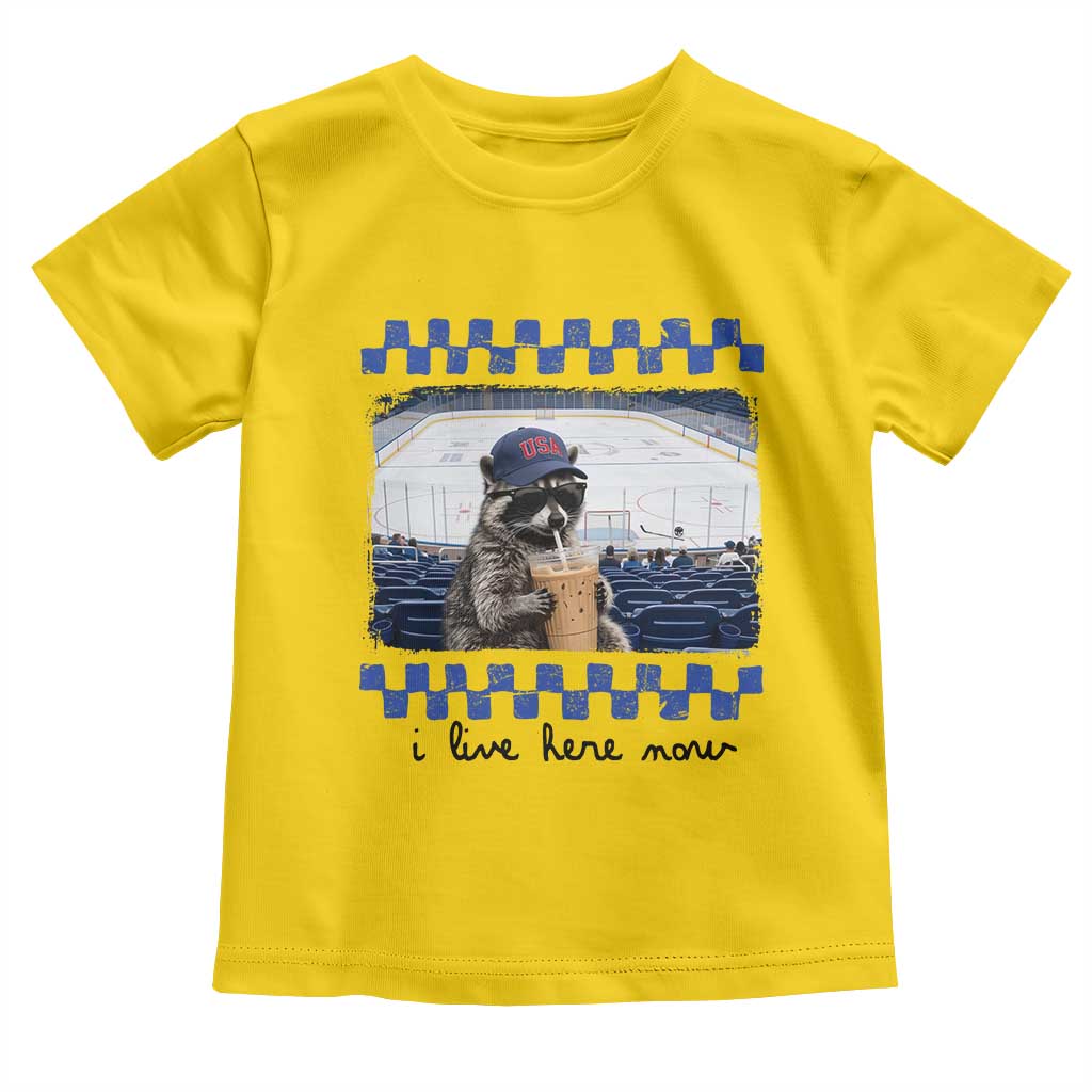 Hockey Mom Raccoon Iced Coffee Toddler T Shirt I Live Here Now