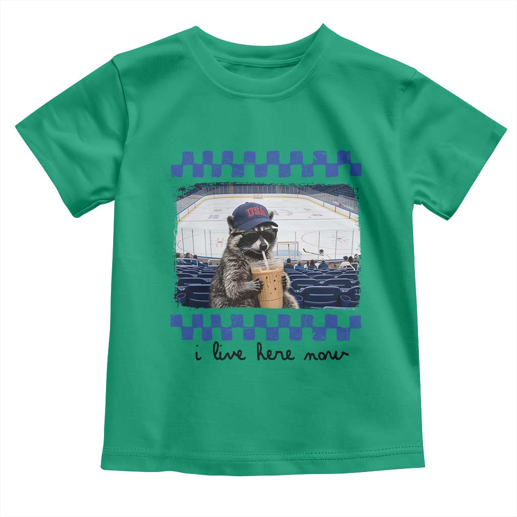 Hockey Mom Raccoon Iced Coffee Toddler T Shirt I Live Here Now