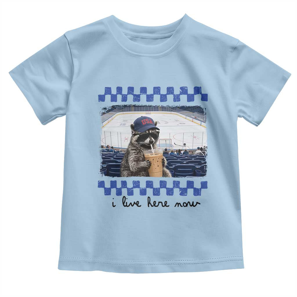 Hockey Mom Raccoon Iced Coffee Toddler T Shirt I Live Here Now
