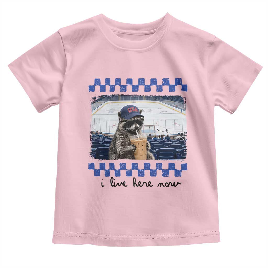 Hockey Mom Raccoon Iced Coffee Toddler T Shirt I Live Here Now