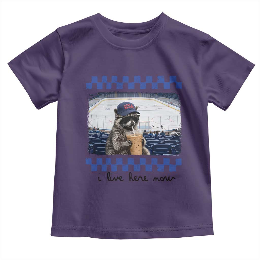 Hockey Mom Raccoon Iced Coffee Toddler T Shirt I Live Here Now