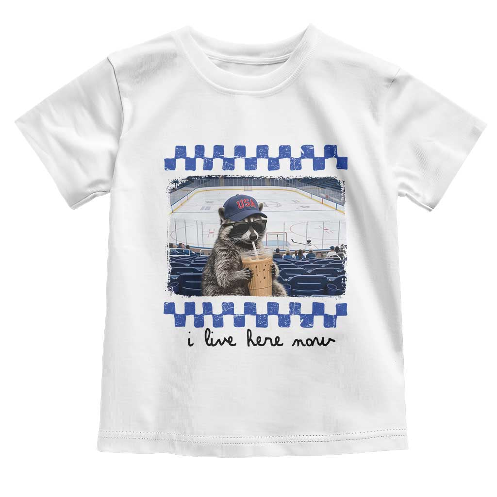 Hockey Mom Raccoon Iced Coffee Toddler T Shirt I Live Here Now