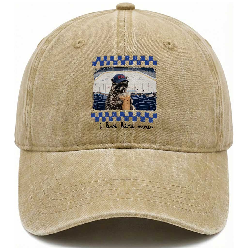 Hockey Mom Raccoon Iced Coffee Washed Cotton Baseball Cap I Live Here Now